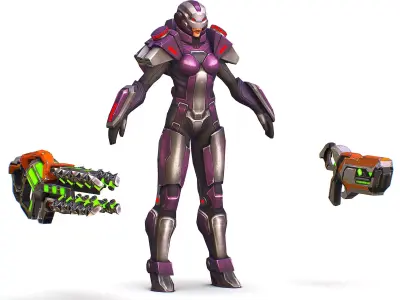 Woman Cyborg Machine Gun with Rifle and Pistol Low-poly 3D model