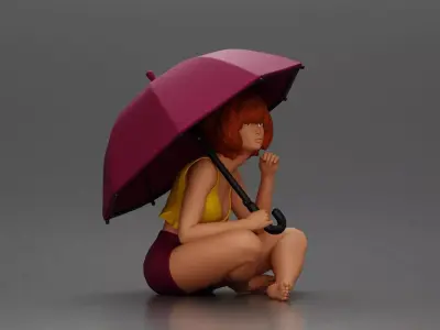 Girl with hair holding umbrella sitting in thoughtful pose 3D print model