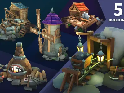 Stylized Village Resource Buildings 3D Model Collection