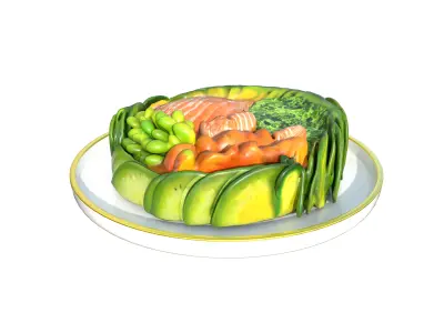 Poke Cake Bowl Salad Bar Sushi Bowl  brocoli tuna fish fruits Low-poly 3D model