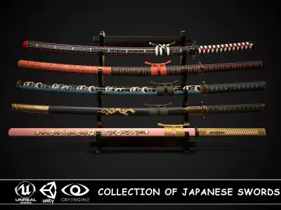 Collection of japanese swords Low-poly 3D model