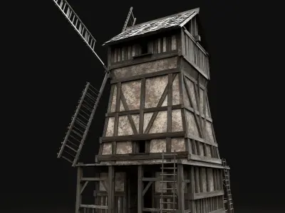 ENTERABLE AAA NEXT GEN MEDIEVAL CITY TOWN GRANARY WINDMILL SILO Low-poly 3D model
