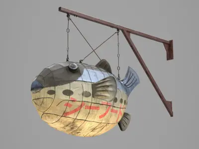 Game Ready Japanese Signs Set Fugu Fish Lantern Low-poly 3D model
