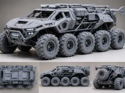 8x8 Monster Truck STL File 3D Print Futuristic Military Vehicle 3D print model
