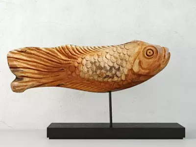Japanese Hand Carved Vintage Wooden Fish Statue on Stand 3D model