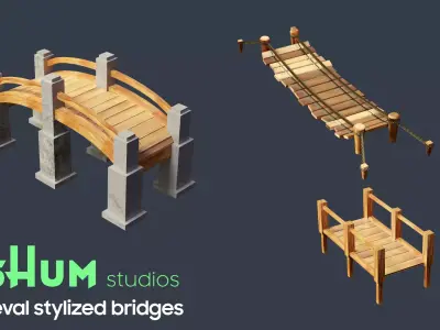 Medieval stylized bridges Low-poly 3D model
