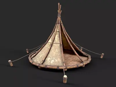 Primitive Wood and Fabric Tent Shelter 4 Low-poly 3D model