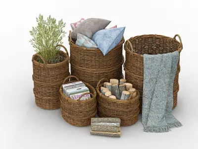 basket wicker baskets with pillows and towels 3D model