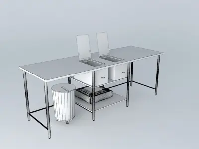 Kit stainless steel table with two sinks and trash can Free 3D model