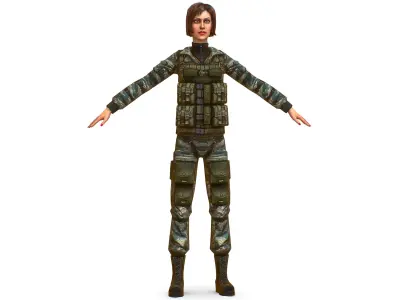 A young girl in army camouflage Low-poly 3D model