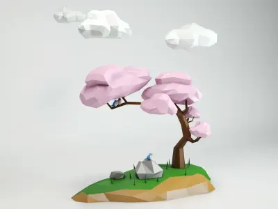Tree low poly cherry on island with clouds Low-poly 3D model
