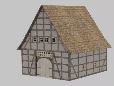 Medieval half-timbered Barn Low-poly 3D model