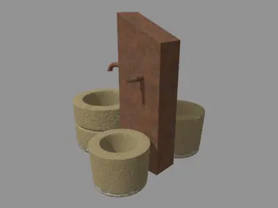 Low Poly Fountain set of wooden buckets Low-poly 3D model