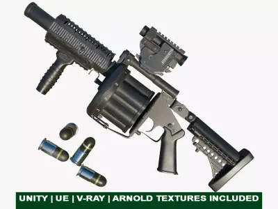 Grenade Launcher Gun All PBR Unity UE Textures Included Low-poly 3D model