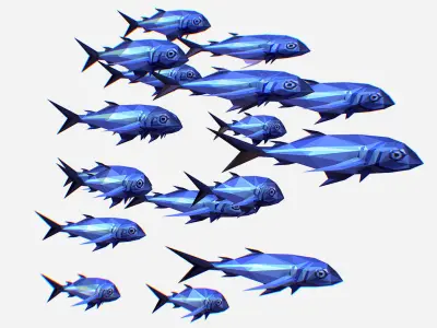Animated Low Poly Art Flock Blue Sea Fish Low-poly 3D model