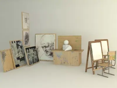 paintingroom art studio with desk and chairs Free 3D model