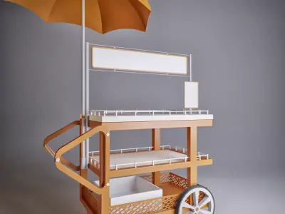 Stand wooden cart with umbrella 3D model