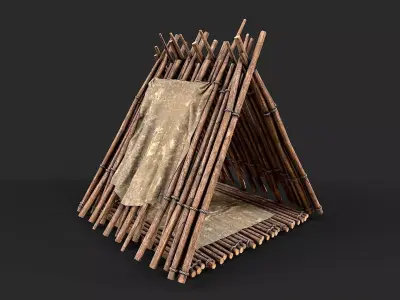 Primitive Wood and Fabric Tent Shelter 1 Low-poly 3D model