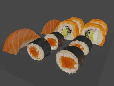Salmon mix sushi realistic rolls Low-poly 3D model