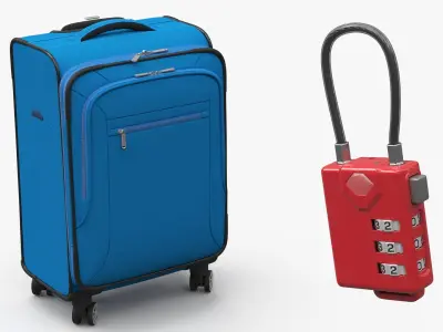 Red Combination Lock on Blue Suitcase 3D model