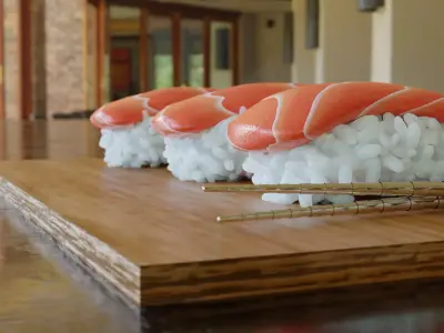 Sushi Model on wooden cutting board with chopsticks Free 3D model