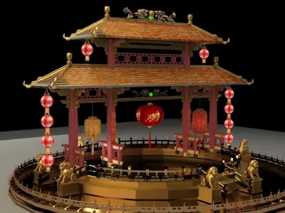 Chinese ancient gate with red lanterns 3D model