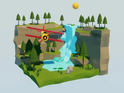 Biplane Diorama 001 Low-poly 3D model