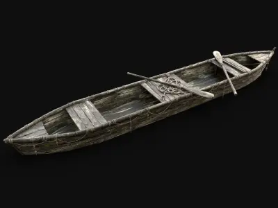 LONG BOAT ROWBOAT WOODEN FISHERMAN RIVER FISH LAKE CANOE SHIP Low-poly 3D model
