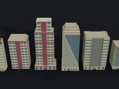 Cartoon city hotel kit Polygonal Style Low-poly 3D model