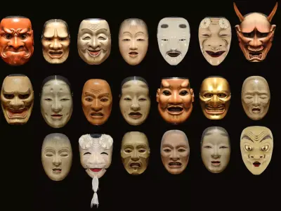 Japanese Mask Pack Noh Medieval Fantasy Edo Japan art wall decor Low-poly 3D model