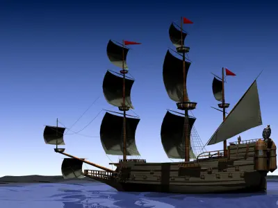 Galleon model pirate ship floating in ocean 3D model