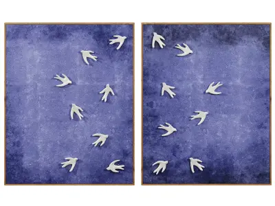 Wall art with ceramic birds on a textured blue surface 3D model