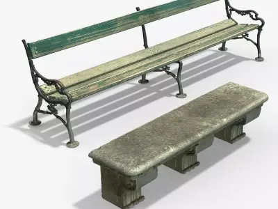 Imperial Garden Benches from Wood and Stone Low-poly 3D model