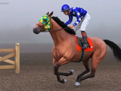 Bay Racing Horse with Jokey Gallop 3D model purchase