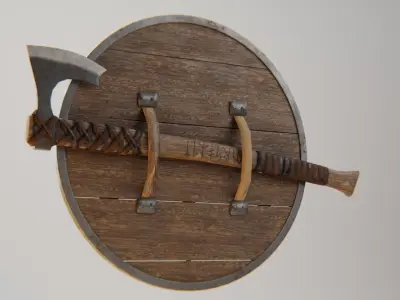 VIKING  SHIELD AND AXE Low-poly 3D model