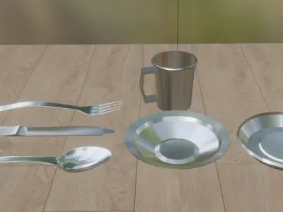 Camping cutlery set - Tin bowl plate mug spoon fork and knife Low-poly 3D model