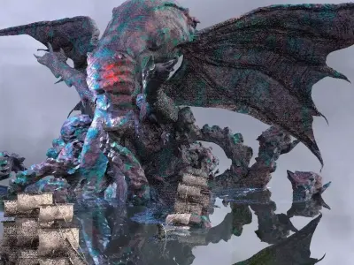 Cthulhu Great sea monster with Ships 3D model