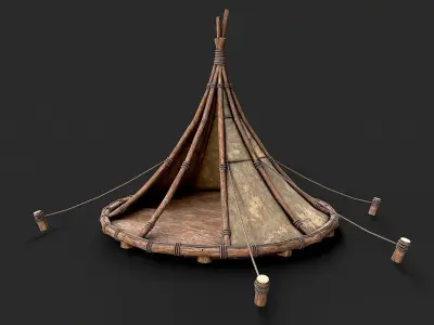 Primitive Wood and Fabric Tent Shelter 4 Low-poly 3D model