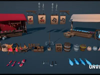 Butchery and FishShop Kitbashing Low-poly 3D model