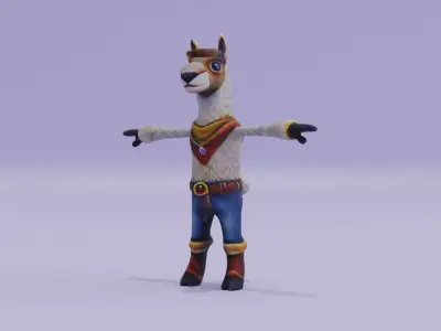 Cartoon llama Cowboy costume Character T-Pose Low-poly 3D model