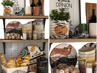 Kitchen Shelf Decor Beard Eggs Bottles Spices Collection Low-poly 3D model