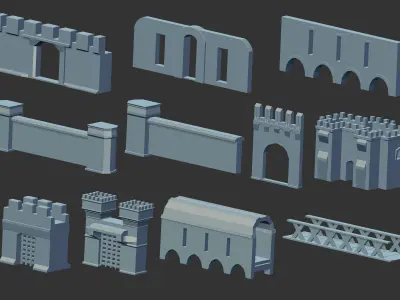 100 Low poly medieval fantasy castle fortress kitbash IMM brush 3D model