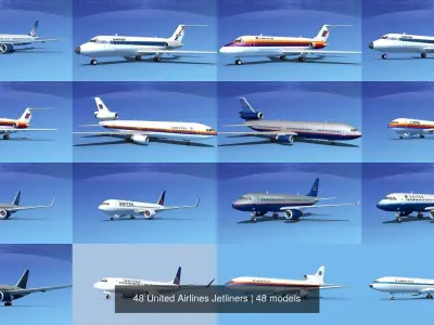 48 United Airlines Jetliners 3D Model Collection