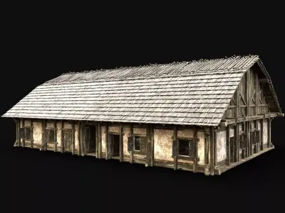 ENTERABLE LONG HOUSE BARN FOLK HUT FARM COTTAGE WOODEN CABIN AAA Low-poly 3D model