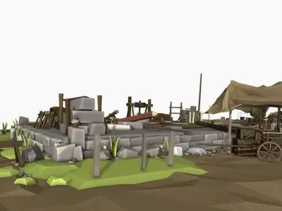 Medieval Peasants Home Scene with Interior Low-poly 3D model Low-poly 3D model