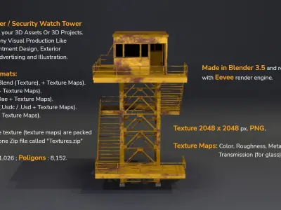 PBR Low Poly Guard Tower Security Watch Tower Yellow Rusted Low-poly 3D model