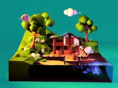Low Poly isometric Lake House Day and Night version Low-poly 3D model