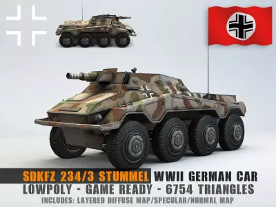 Low Poly SdKfz 234 3 Stummel Armored Car Low-poly 3D model