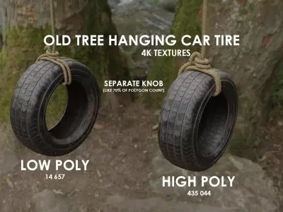Old tree hanging car tire swing Low-poly 3D model