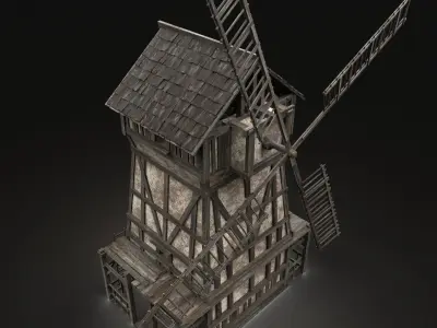ENTERABLE AAA NEXT GEN MEDIEVAL CITY TOWN GRANARY WINDMILL SILO Low-poly 3D model